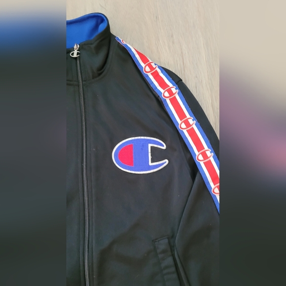 Vintage Champion Black Track Jacket with Blue and Red Accents. SM - Picture 3 of 11